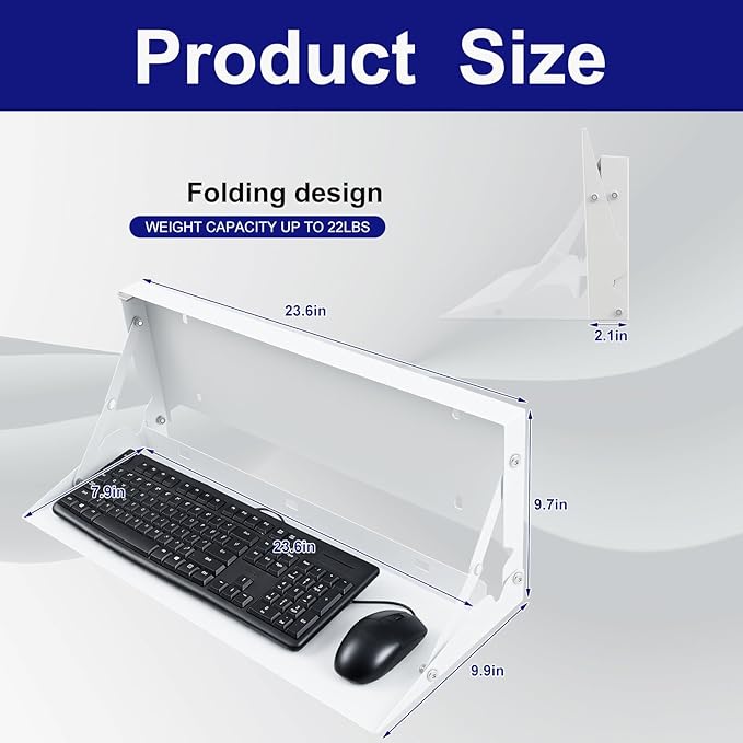 Otoolling 1 Pcs 24 Inch Keyboard Wall Mount Foldable Fits Standard Computer Keyboard Mouse Stand Tray Organizer for Small Offices Apartments, Easy Installation with 4 Screws (White)