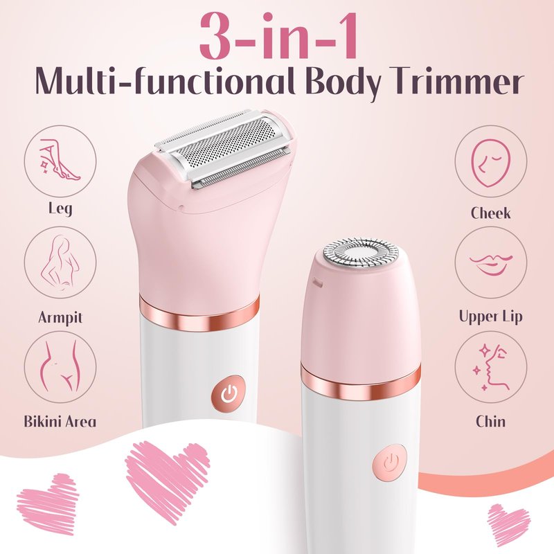 Bikini Trimmer for Women, Painless Electric Razor Shaver Women - Rechargeable Body Hair Trimmer, 3-In-1 Detachable Removal Kit with Ceramic Blade, Cordless Lady Shaver for Trip, IPX7 Waterproof, White
