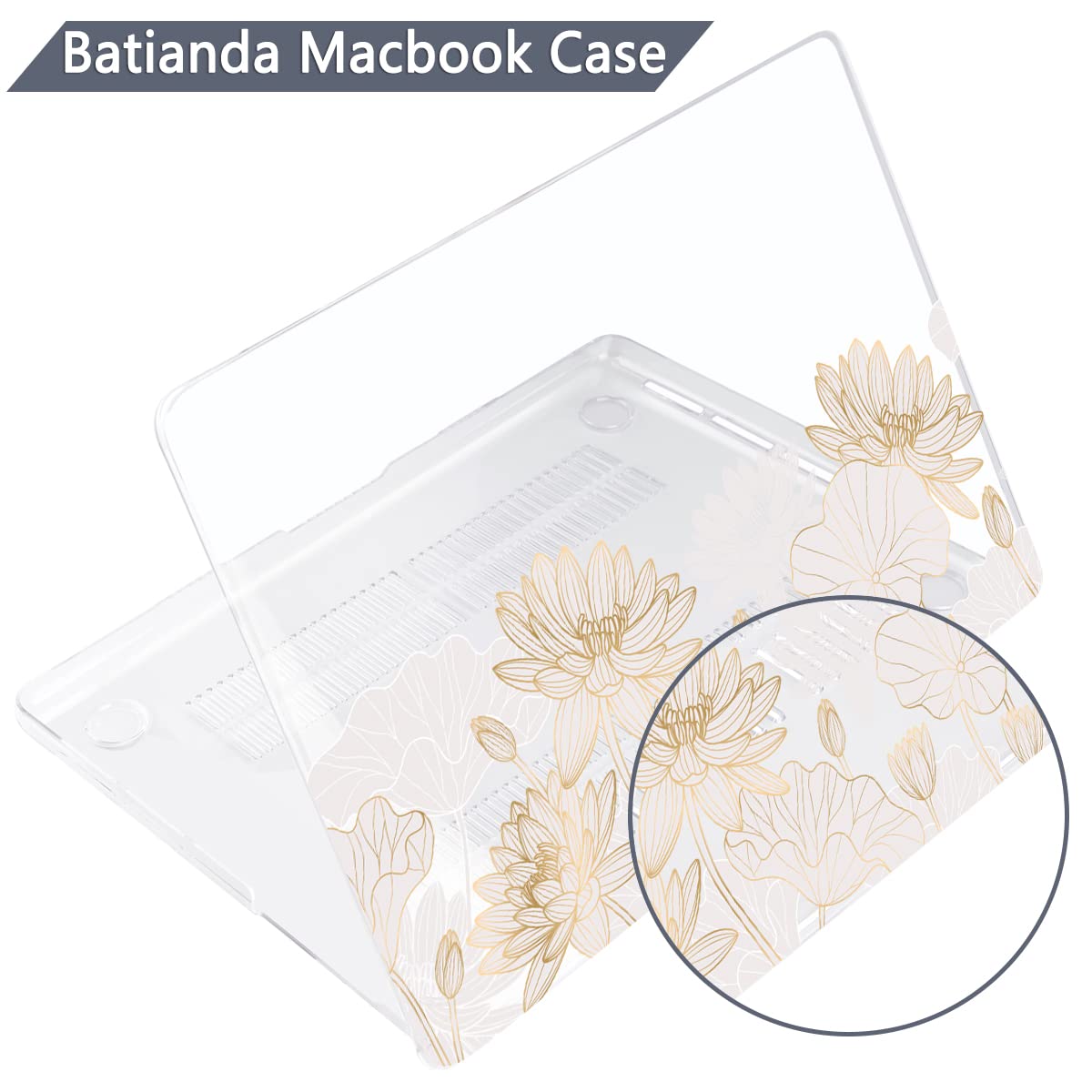 Batianda Premium Case for New MacBook Air 15 inch with M5 M4 M3 M2 Chip 2026 2025 2024 2023 Release, Designed Ultra-Slim Hardshell & Keyboard Cover & Screen Protector 4-in-1 Bundle, Gold Lotus