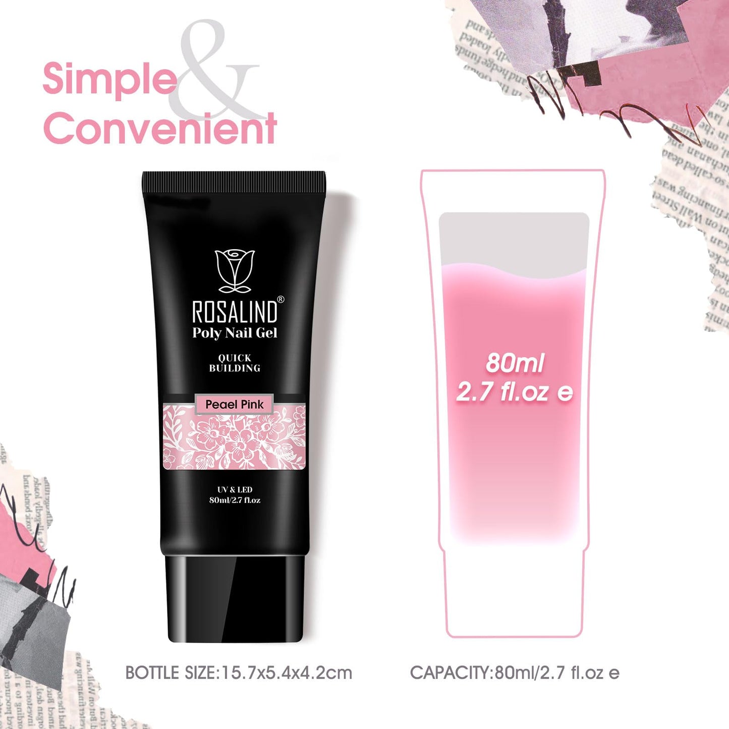 ROSALIND Pearl Pink Poly Extension Gel, 2.7 oz Pink Poly Nail Gel for Nail Art Decoration, builder Pinks Gel Nail Thickening Extension Easy to DIY Use at Home Need UV Lamp