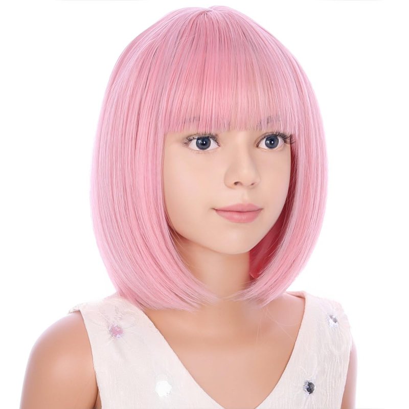 PATTNIUM Light Pink Bob Wig for Girls Short Bob Wig with Bangs Synthetic Heat Resistant Wig with Wig Cap