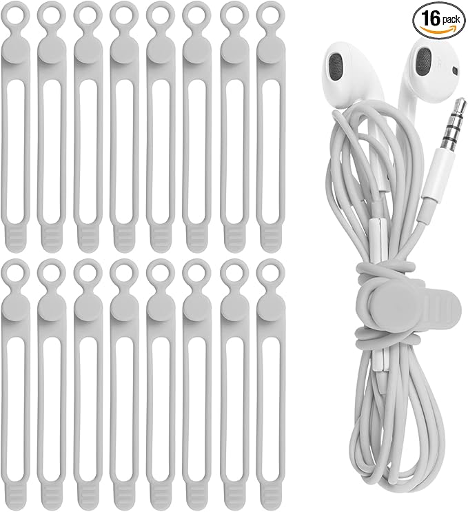 Nearockle 16Pcs Silicone Cable Ties Cord Organizer for Bundling Earphone, Phone Charger, Computer Cords, Reusable Wire Cable Management in Home,Office,Kitchen,School,Travel (Grey)