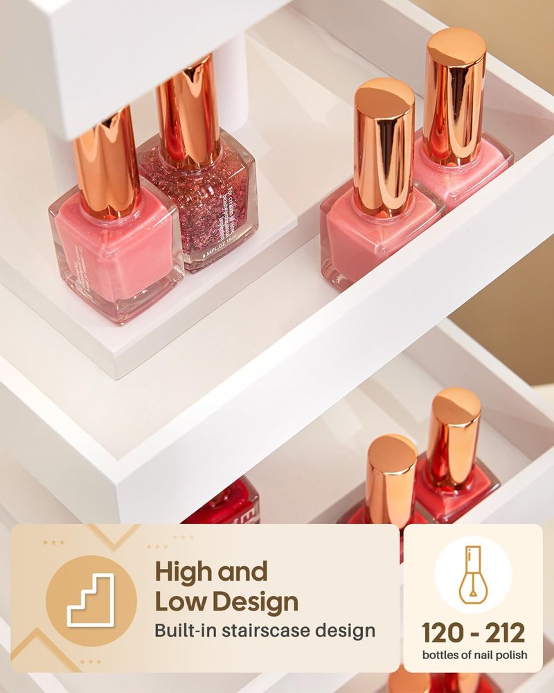 Nail Polish Display Stand - 360° Rotating Bamboo Rack Organizer | 4-Tier Makeup Holder for Easy Access - White