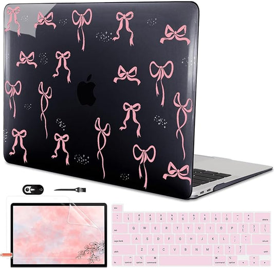 LCMOCICO for 2020 2021 2022 MacBook Pro 13 inch Case M2 M1 A2338 A2289 A2251 with Touch Bar & Touch ID, Printed Pattern Plastic Hard Shell Case Keyboard Cover Screen Protector, Pink Bowknot Black