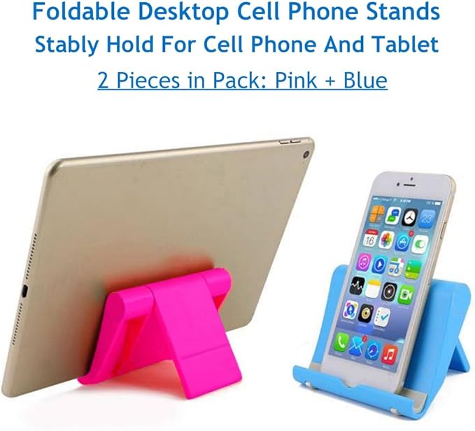 JUSDIQIR Cell Phone Stand for Desk 2 Pack Mobile Phone Holders Desktop Tablet Stand, Foldable Phone Dock Universal Adjustable Tablet Stand for Desk Compatible with Cell Phone Support (Blue+Pink)