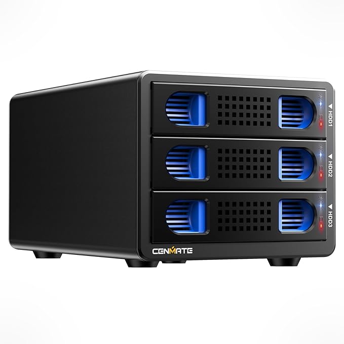 CENMATE Aluminum 3 Bay Hard Drive Enclosure with Cooling Fan for 2.5“/3.5" SATA HDD/SSD with USB A/C 3.0, Support Hot Swappable, Tool-Free HDD Enclosure, DAS(NO RAID/NAS)