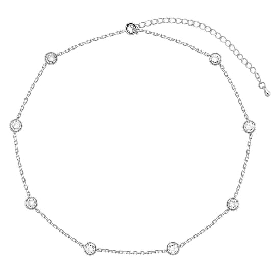 LecAit Silver Station Necklace for Women | CZ Diamond Choker Necklaces Gold | Simulated Diamond BTY Necklace | Silver Cubic Zirconia Chain Choker Necklaces for Women