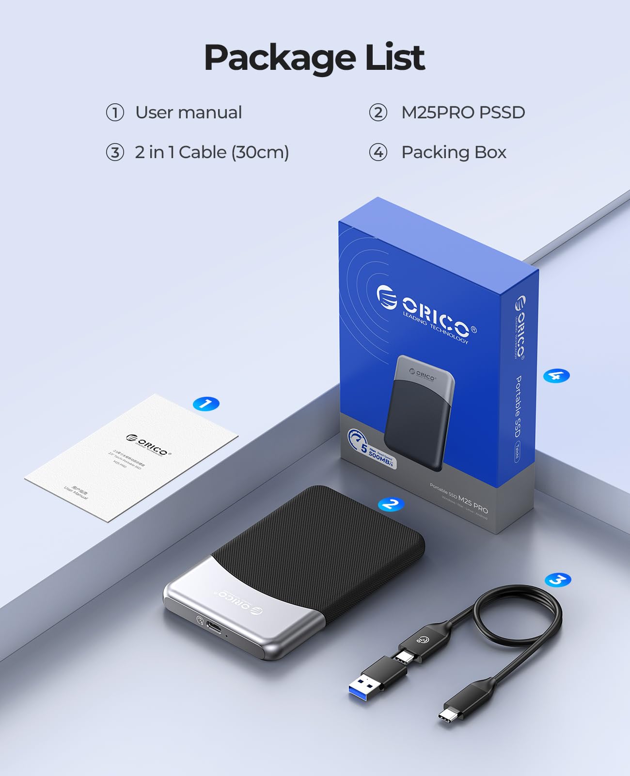 ORICO 512GB External SSD with 2 in 1 USB C Cable, Portable Solid State Drive USB 3.2 Gen 1 Up to 460MB/s, Dust and Drop Resistance, Reliable Storage for USB-C Smartphone, PC, Tablet, Labtop - M25PRO