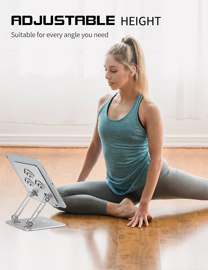ToBeoneer Adjustable Tablet Stand for Desk, Premium Aluminum Holder for iPads, Tablets, Kindles, Switch, Phones, and All Devices up to 14 Inches. Portable and Foldable Silver, Plus Size