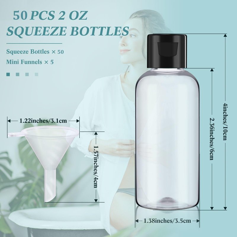 Mifoci 100 Pcs Small Plastic Bottles with Caps 2 oz Clear Empty Squeeze Bottle with Flip Cap Small Refillable Transparent Travel Dispenser Container for Shampoo Lotion Conditioner Liquid Soap