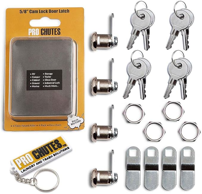 Pro Chutes Cabinet Cam Lock - 5/8" Pack of 4 Cabinet Locks with Keys for RVs, Drawer Lock Including 4 Cylinder Round Face Tool Box Locks, 4 Straight & 4 Offset Cams, 4 Alike Keys with Bonus Key Chain