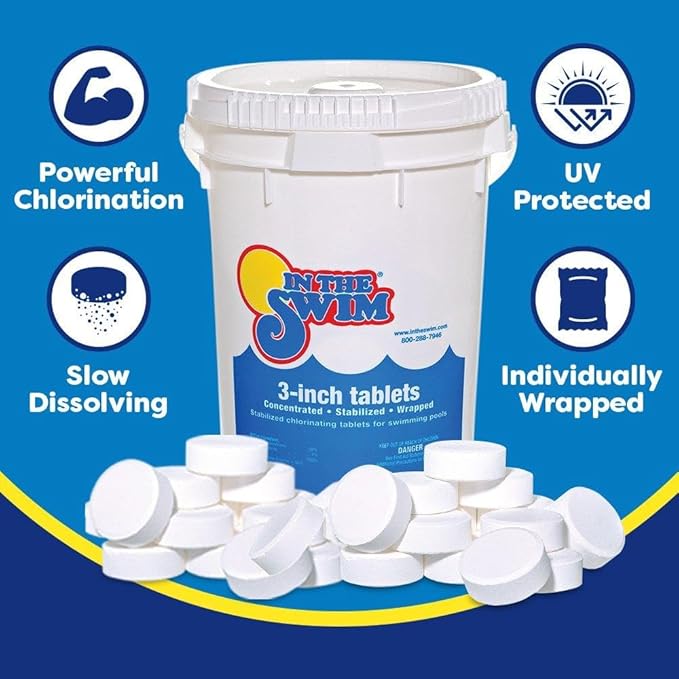 In The Swim Shock and Chlorine Bundle for Sanitizing Swimming Pools – Includes 24 x 1 Pound Bags of 68% Cal-Hypo Pool Shock and 50 Pound Bucket of 3 Inch Stabilized Chlorine Tablets
