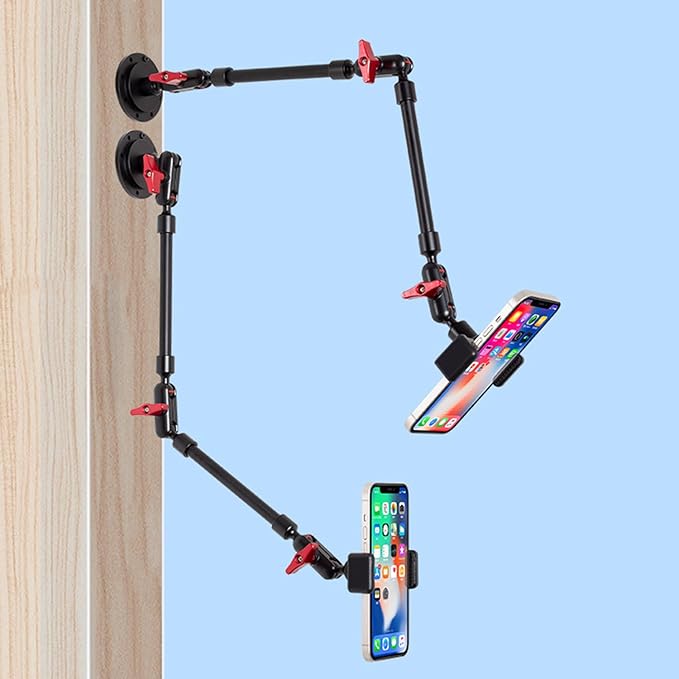 Wall Mounted Phone Holder Magic Arm 360° Rotation Adjustable Metal Base Screw in Wall Sturdy for Kitchen Bedroom Home 32 Inch ABS Phone Clip