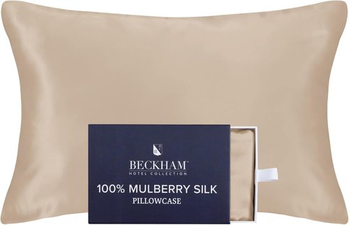 Beckham Hotel Collection Silk Pillowcase - 100% Mulberry Silk for Hair & Skin | 22 Momme, Queen, Champagne