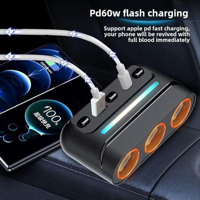 HOWDCHENG 3 - in - 1 Cigarette Lighter Adapter with PD/QC Fast Charging, Independent Switches Car Charger, RGB LED Indicator Lights - Universal Cigarette Lighter USB Charger for Cars, SUVs