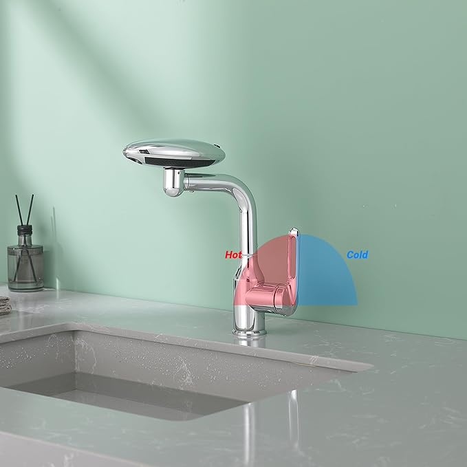 Bathroom Sink Faucet 1 Hole, Chrome Multifunctional Basin Faucet with 4 Water Outlet Modes, Modern 360°Rotatable Bar Tap with Two Water Supply Pipes
