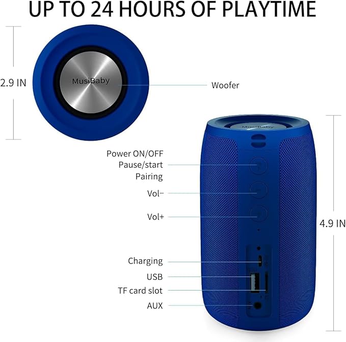 Musibaby M68 Bluetooth Speaker, 12W, IPX5, FM, USB AUX, Blue