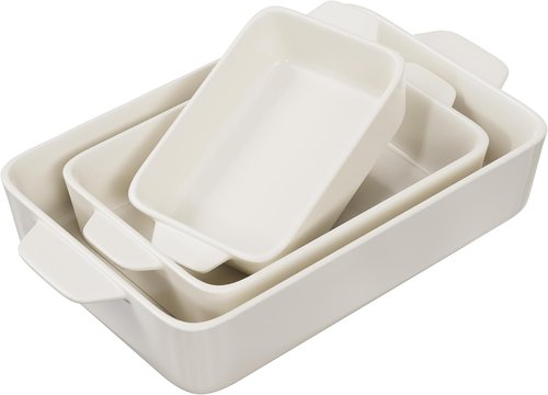 Kook Ceramic Bakeware Set - Versatile Rectangular Dishes for Casseroles & Lasagna | Set of 3, Ivory