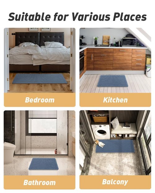 AMOAMI Upgraded Waffle Runner Rug Super Absorbent Non Slip Bath Mats for Bathroom Floor Washable Bathroom Runner Rug with Tassels, Ideal for Hallway Bedroom Laundry Room, Blue, 2' x 6'(24" x 72")