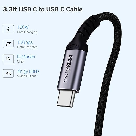 SUMPK USB C to USB C Cable 3.1 Gen 2 [3.3ft 2 Packs], 100W USBC Cables PD Fast Charging Cable, SuperSpeed 10 Gbps 90 Degree 4K Monitor Video Output Data Cable Compatible for iPhone 15Pro/15ProMax