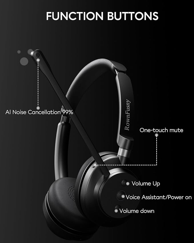 Wireless Bluetooth Headset with Microphone for Work, Bluetooth 5.3, Noise Reduction Mic with HD Voice, Hi-Fi Stereo Sound, Lightweight & Comfortable Design for PC, Laptop, Phone, Call Center, Home