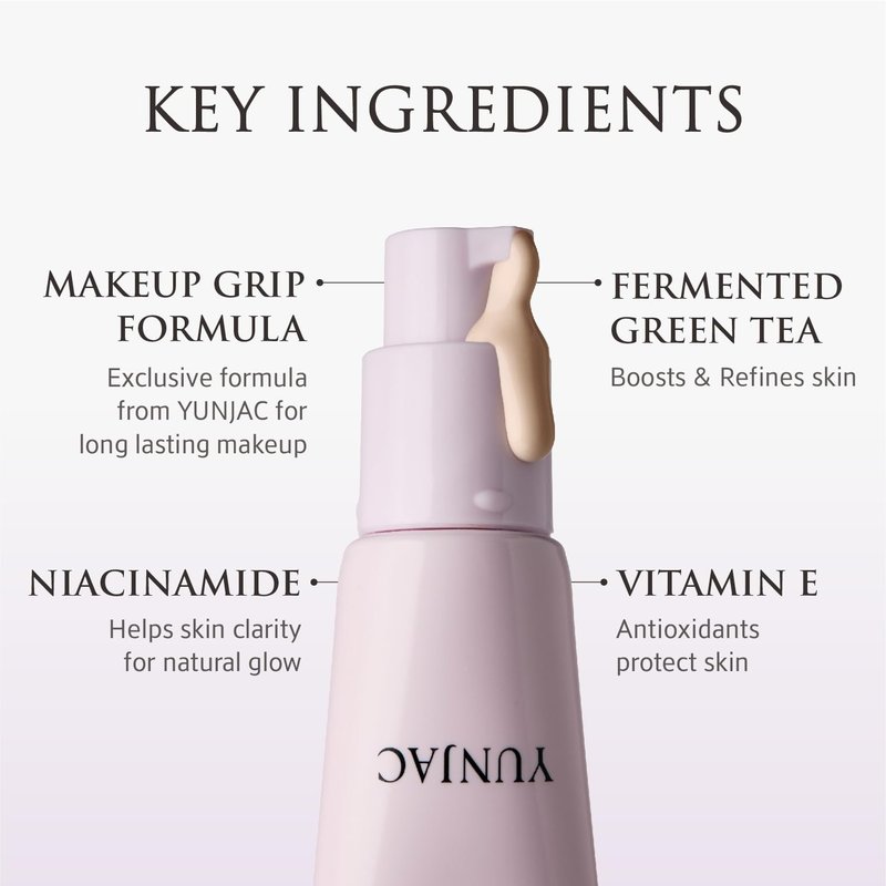 YUNJAC Skin Perfecting Glow Prep Base (1.01 fl oz) – Lightweight Primer with Niacinamide, Vitamin E & Fermented Green Tea, Silicone-Free Formula for Smooth, Radiant, and Long-Lasting Skin Finish