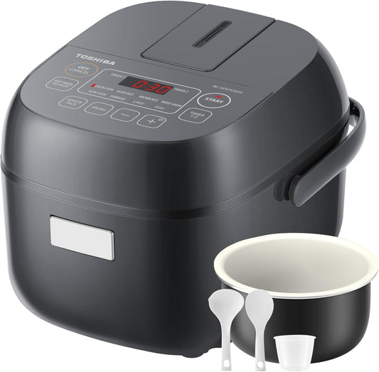 TOSHIBA 3-Cup Rice Cooker - LCD Display with 8 Cooking Functions | Non-Stick Inner Pot, Grey