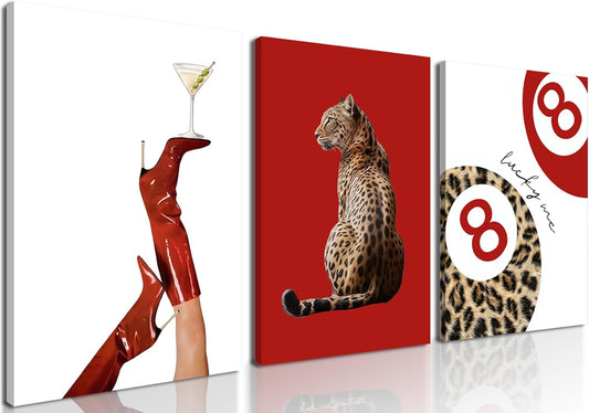Skiennix Leopard Canvas Wall Art Set - Red Cheetah High Heel & Lucky You 8 Ball Prints | 16x24 Inch Framed Decor for Girls' Bedroom