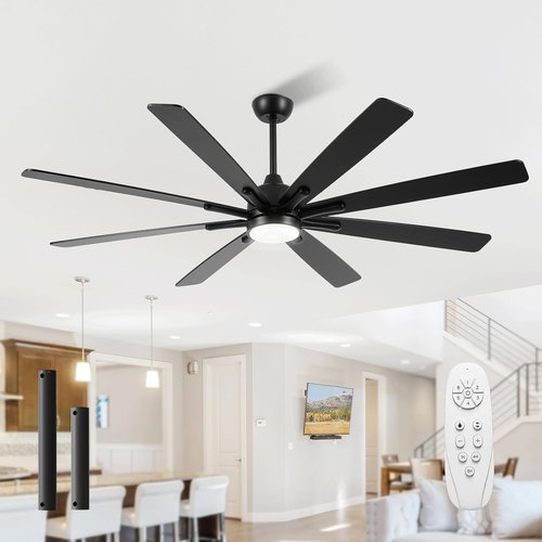 CJOY 84-Inch Low Profile Ceiling Fan - Black Flush Mount with Remote & 8-Blade Reversible DC Motor