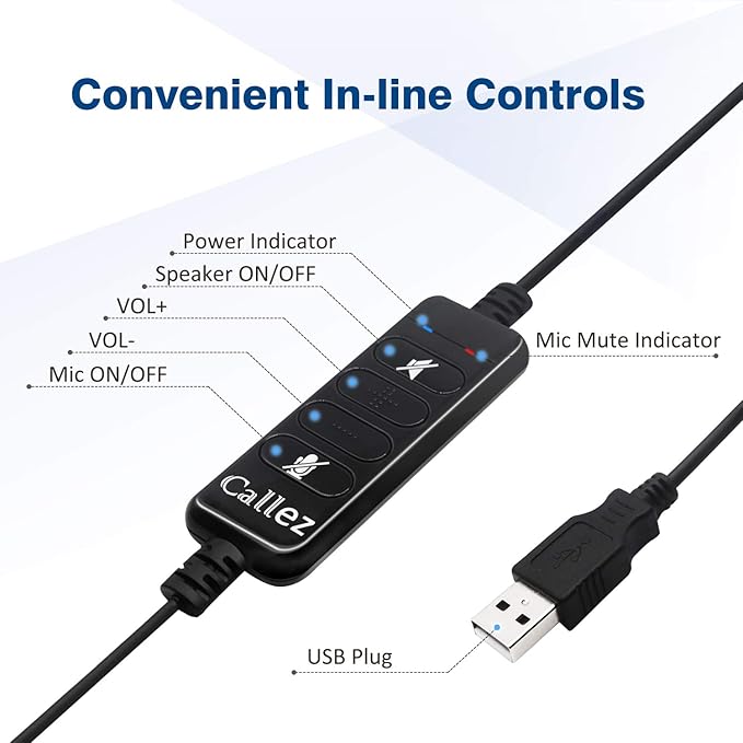 Callez USB Headset with Microphone Noise Cancelling & Audio Controls, Stereo Computer Headphones for Business Skype UC Lync Softphone Call Center Office, Clearer Voice, Super Light, Ultra Comfort