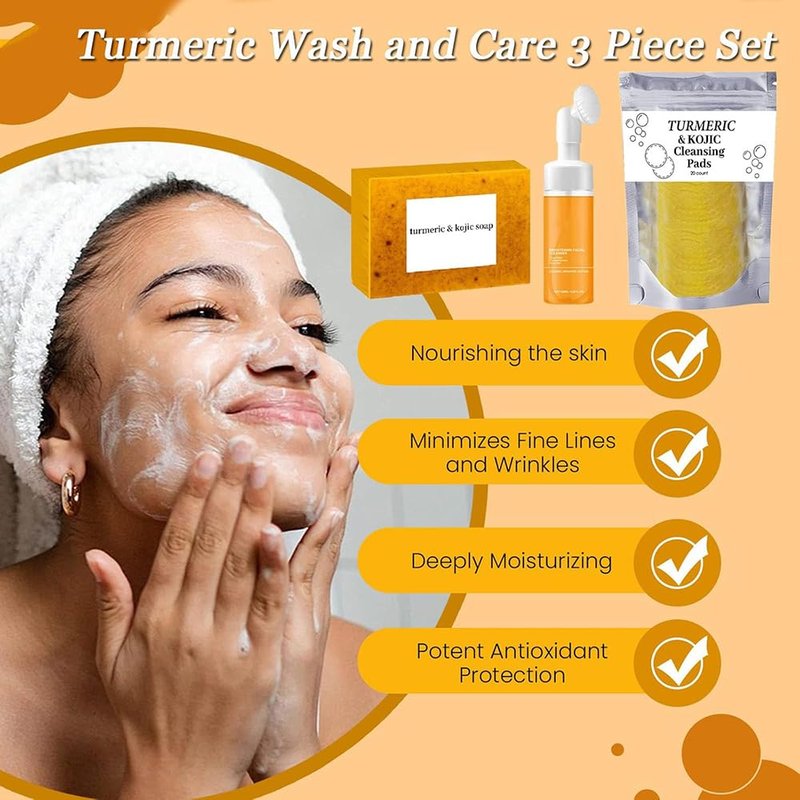 Turmeric Facial Care Set - Kojic Soap Bar, Cleansing Wash & Facial Pads | 3-Piece Skincare Trio