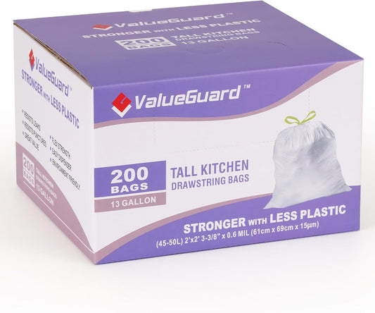 ValueGuard 13 Gallon Drawstring Trash Bags - Durable Tall Waste Bags for Kitchen & Office (200 Count)