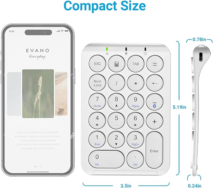 iClever KP08 Wireless Numeric Keypad, 22 Keys Bluetooth Number Pad Portable Number Keyboard, USB-C Rechargeable Numpad, Round Key, Data Entry, Compatible with Laptop, PC Desktop, Mac, Surface,Tablet