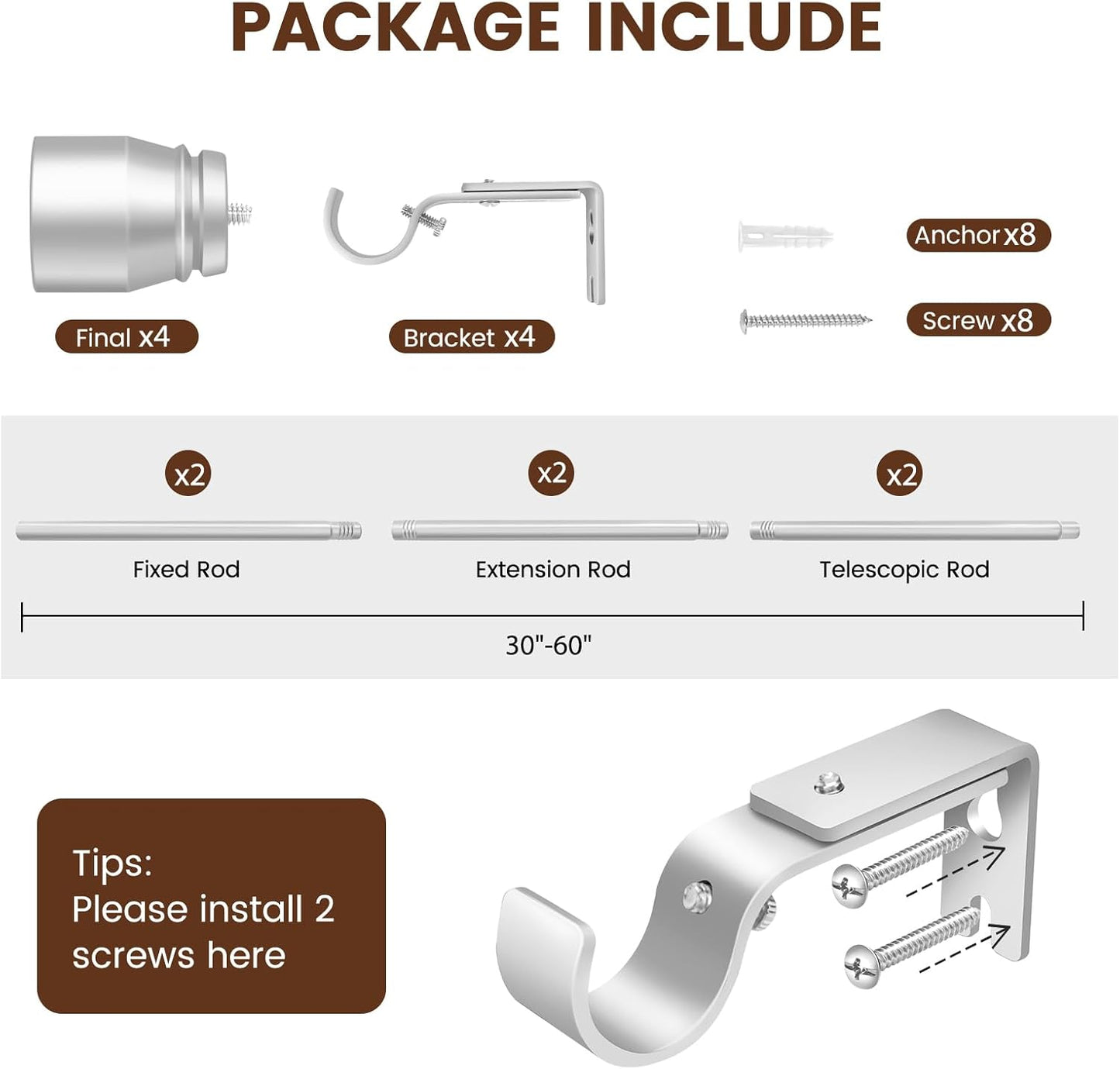 Silver Curtain Rod by [Brand Name] - Heavy Duty Adjustable 30-60 Inch Telescopic Rod | Fits 30 to 56 Inch Windows