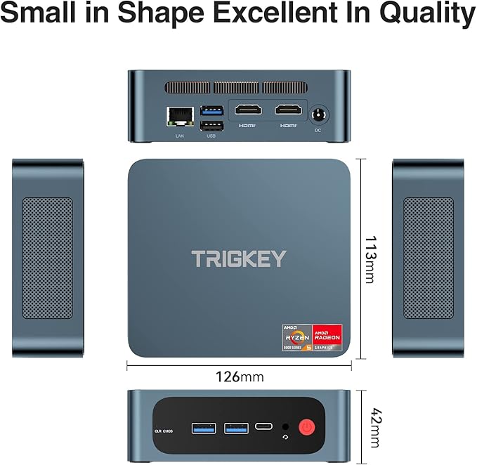 TRIGKEY Mini PC Ryzen 5 5500U(6Cores, 12Threads) 16GB DDR4 500GB M.2 NVME(Max 2200MB/S) SSD, S5 Mini Desktop Computers OS 11 Pro, WiFi6+BT5.2, Triple Display USB 3.2 * 3 Type-C LAN 2.5Gbps