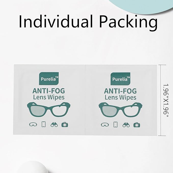 PureliaAnti-Fog Lens Wipes, 100 Count | Pre-Moistened Individually Wrapped Lens Care Cloths for Eyeglasses, Goggles, Camera Lenses & Screens