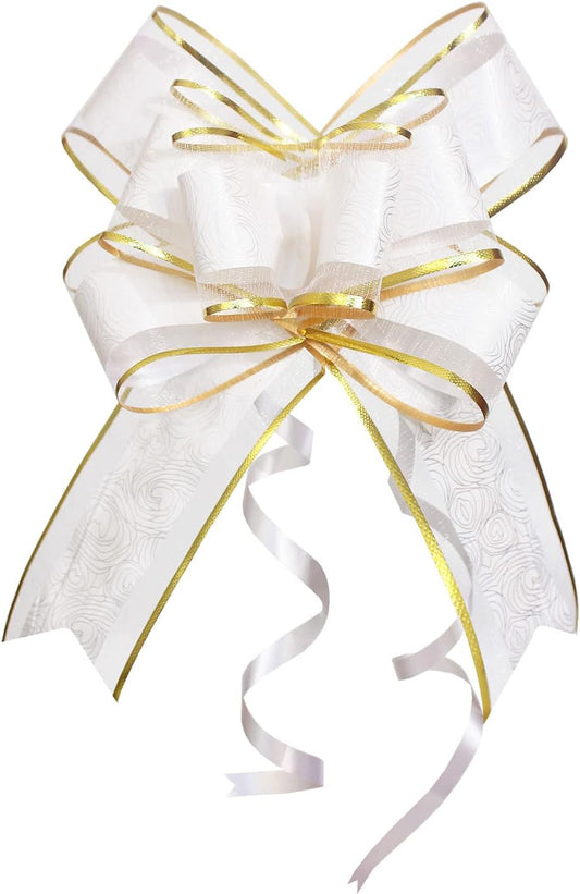 Skiennix Pull Bows - 15 PCS Large Gift Bows for Wrapping | White with Tulle & Gold Line, 6 Inches