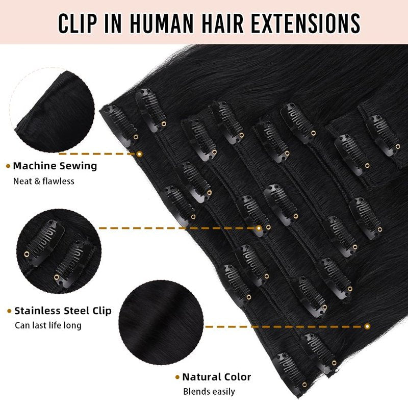 14" Remy Clip in Hair Extensions Human Hair Natural Black to Chestnut Brown Highlight Black for Beauty - Short Silky Straight 8pcs Real Hair Extensions Clip In Human Hair(14 inch 100g #(1BT6) P1B)