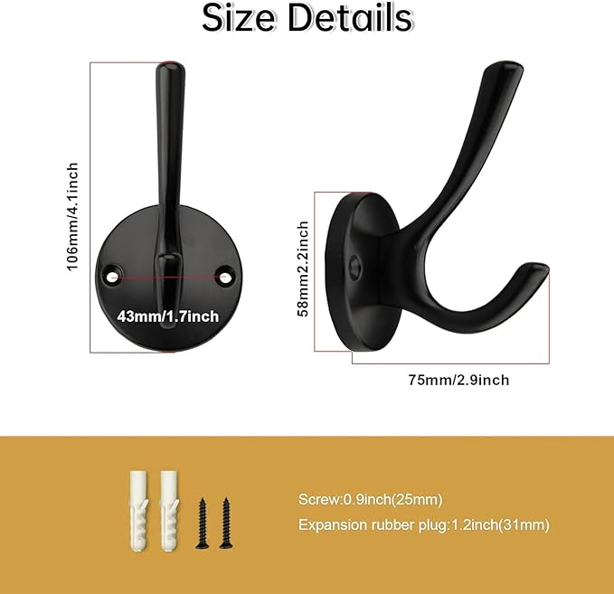 NETLKLA 4 Packs Black Coat Hooks, Decorative Double Prong Metal Closet Hooks for Hanging Towels, Robes in Bathrooms, Kitchen