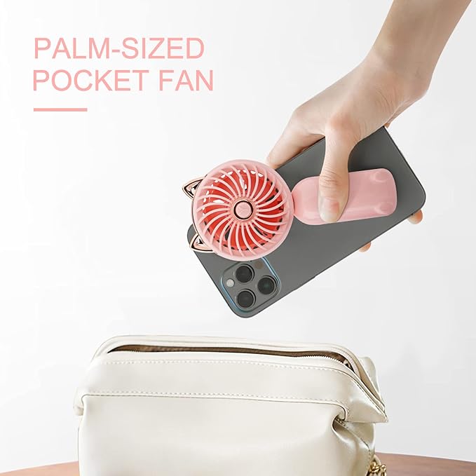 QearFun Handheld Lanyard Fan Portable, Mini Hand Held Fan with USB Rechargeable Battery, 3 Speed Strong Personal Table Fan, 8-12 Hours Small Makeup Fan for Girls Women Travel Beach (Pink)