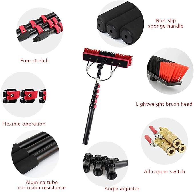 Window Cleaning Pole, Water Fed Telescopic Window Cleaning Brush, Extendable Cleaner Roof Cleaning Tools Window Cleaner Kit for Photovoltaic Panel, Trucks, Bus, Cars,18ft/5.4m-35cmBrushhead