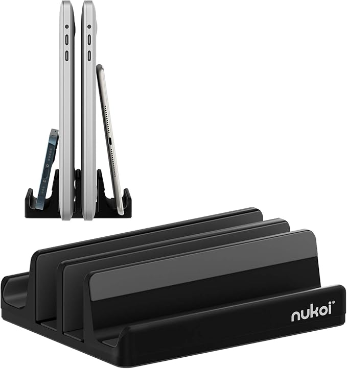 Nukoi Vertical Laptop Stand - SPACEMax Adjustable GRIPLock Anti-Tip Silicone 4 Slots Aluminum Desktop Holder - Double Dock Stand - 2 Phone Slots Fits Up to 17.3” Laptops, Tablets, Phones - Black