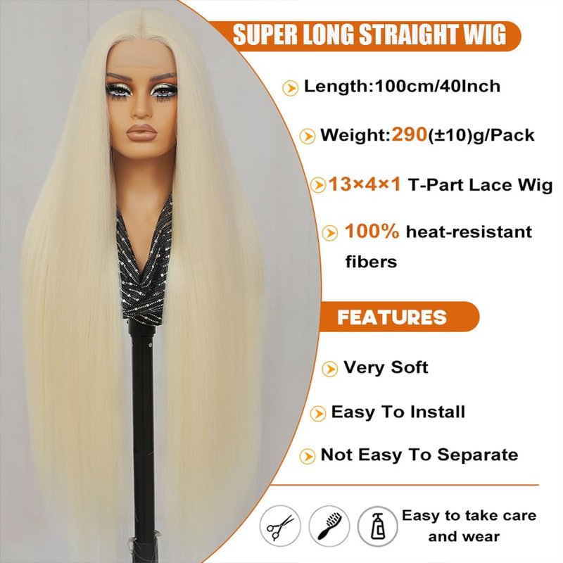 Felek Super Long Blonde Straight T Part Lace Wigs 40 Inch Long Hair 13x4x1 T Lace Front Wigs Heat Resistant Fiber Glueless Pre-Plucked Natural Hairline Lace Wig For Fashion Women/Girls(#613)