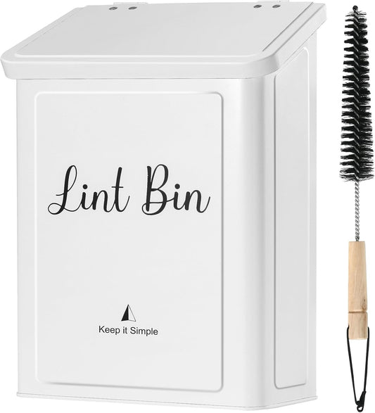 SUBEKYU Magnetic Lint Bin - Wall Mounted Metal Lint Box Holder with Lid for Laundry Room Organization | White
