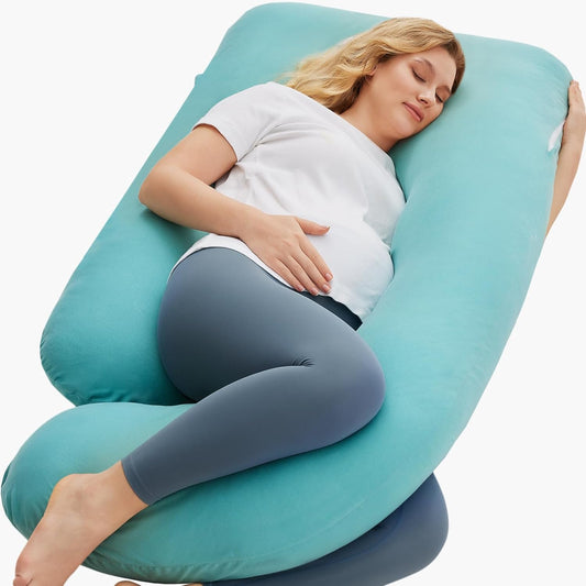 Momcozy U-Shaped Pregnancy Pillow - 57 Inch Full Body Maternity Support with Cotton Cover | Tiffany Blue