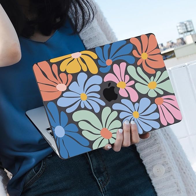 LCMOCICO for MacBook Pro 13 inch Case 2022 2021-2016 Release A2338 M2/M1 A2251 A2289 A2159 A1989 A1706 Touch Bar, Pattern Plastic Hard Shell & Keyboard Cover & Screen Film, Colorful Flowers Black