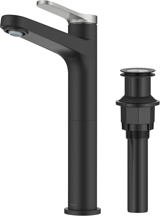 KRAUS Indy Bathroom Faucet for Vessel Sink in Spot-Free Brushed Nickel/Matte Black with Single Handle, Pop Up Drain and Supply Lines, KVF-1410SFBNMB