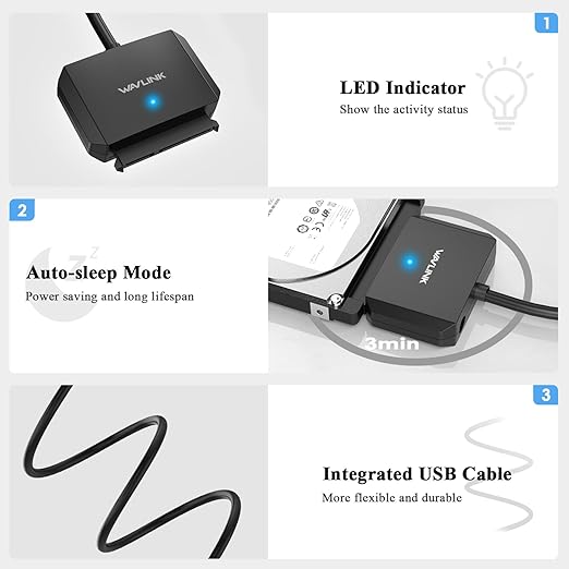 WAVLINK SATA to USB Type-A Hard Drive Cable, 5Gbps USB3.0 to Sata Cable Support UASP, External Hard Drive SATAI/II/III Connector 2.5" SSD/HDD and 3.5" HDD up to 20TB