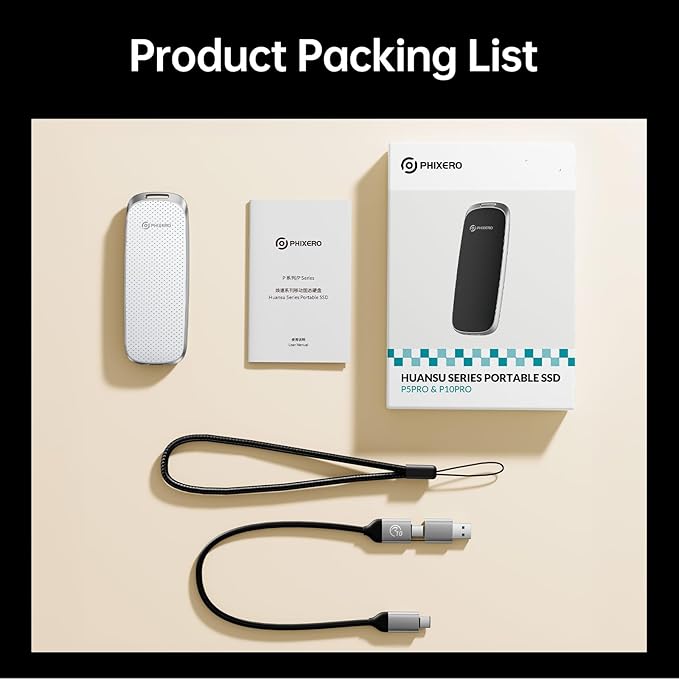 PHIXERO P10PRO External NVMe SSD 2TB, Up to 1050MB/s, USB 3.2 Gen2, Includes 2-in-1 USB C Cable, Portable Hard Drive for iPhone 15/16 PRO/Android/Mac, White