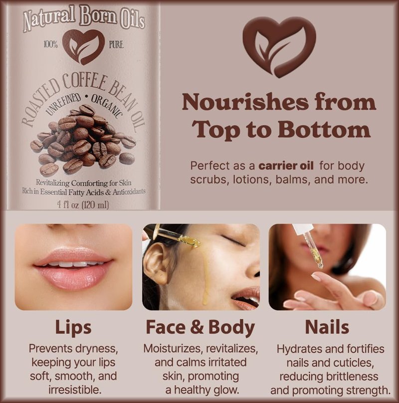 Natural Born Oils Roasted Coffee Bean Oil, 8oz, Organic, Cold-Pressed, Vitamin-Rich, Skin Radiance Enhancer, Hair Conditioner